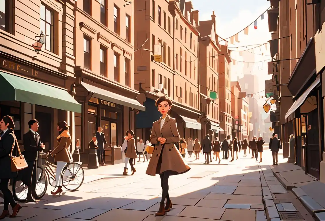 A fashionable woman wearing brown shoes walking confidently on a city sidewalk, exuding style and sophistication. Buildings and bustling streets create a lively backdrop..