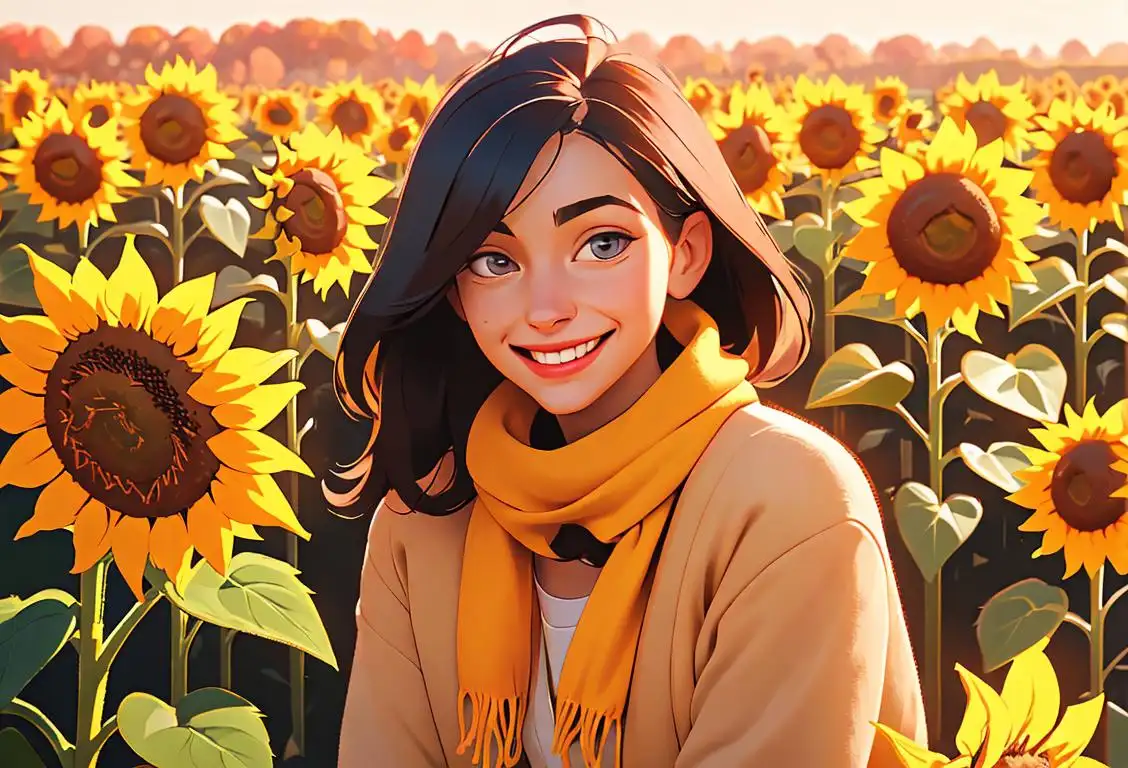 Young woman smiling, wearing a cozy cardigan, autumn fashion, surrounded by cheerful sunflower fields..