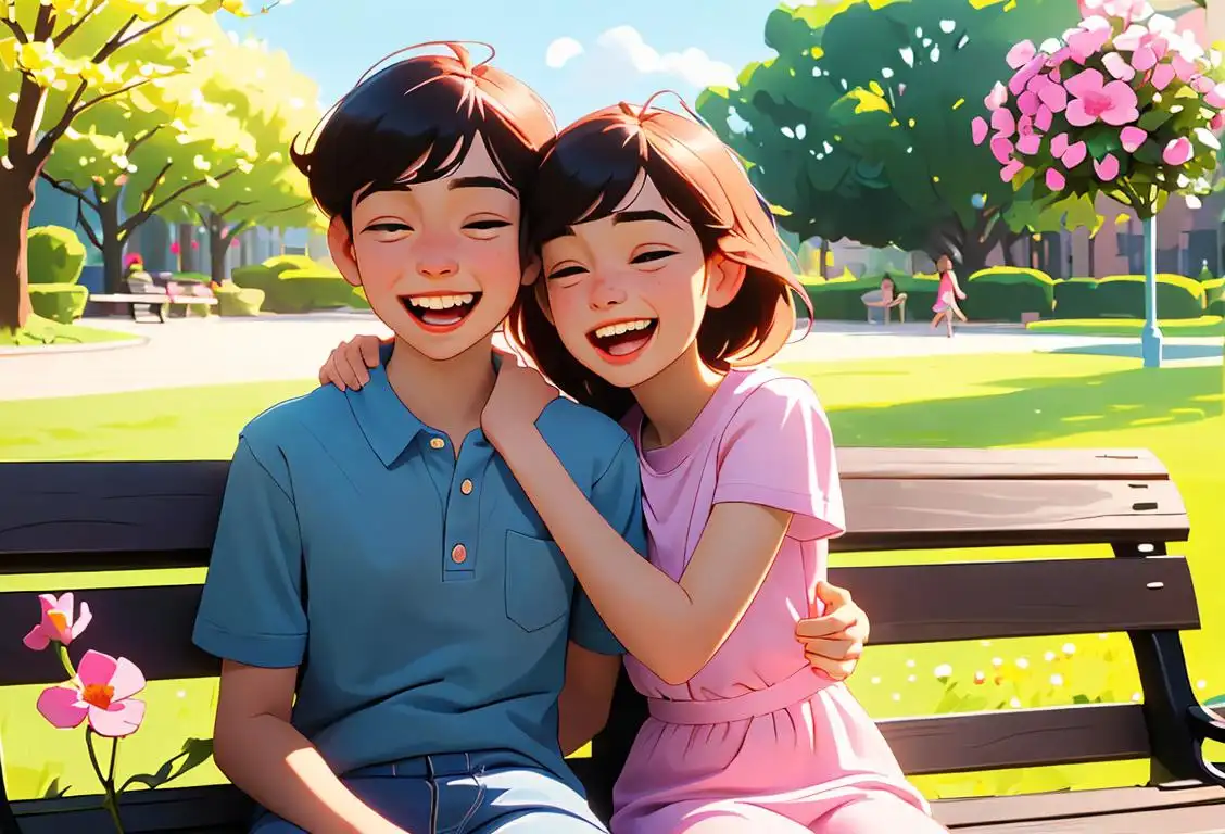Two siblings, a brother and a sister, laughing and hugging each other on a sunny park bench, wearing casual clothing, surrounded by blooming flowers..