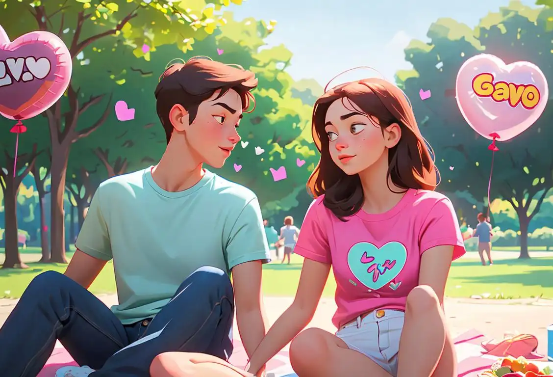 Young couple holding hands, enjoying a peaceful picnic in a park, wearing matching t-shirts, surrounded by heart-shaped balloons..
