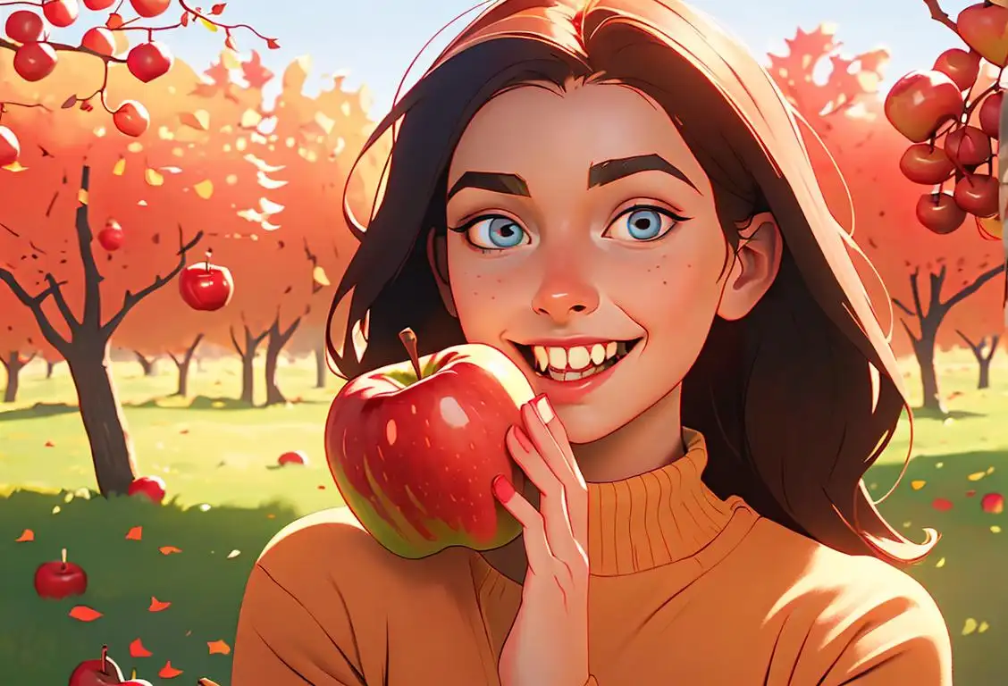 Happy-faced young woman biting into a crisp apple, wearing a cozy sweater, autumn colors, apple orchard backdrop..