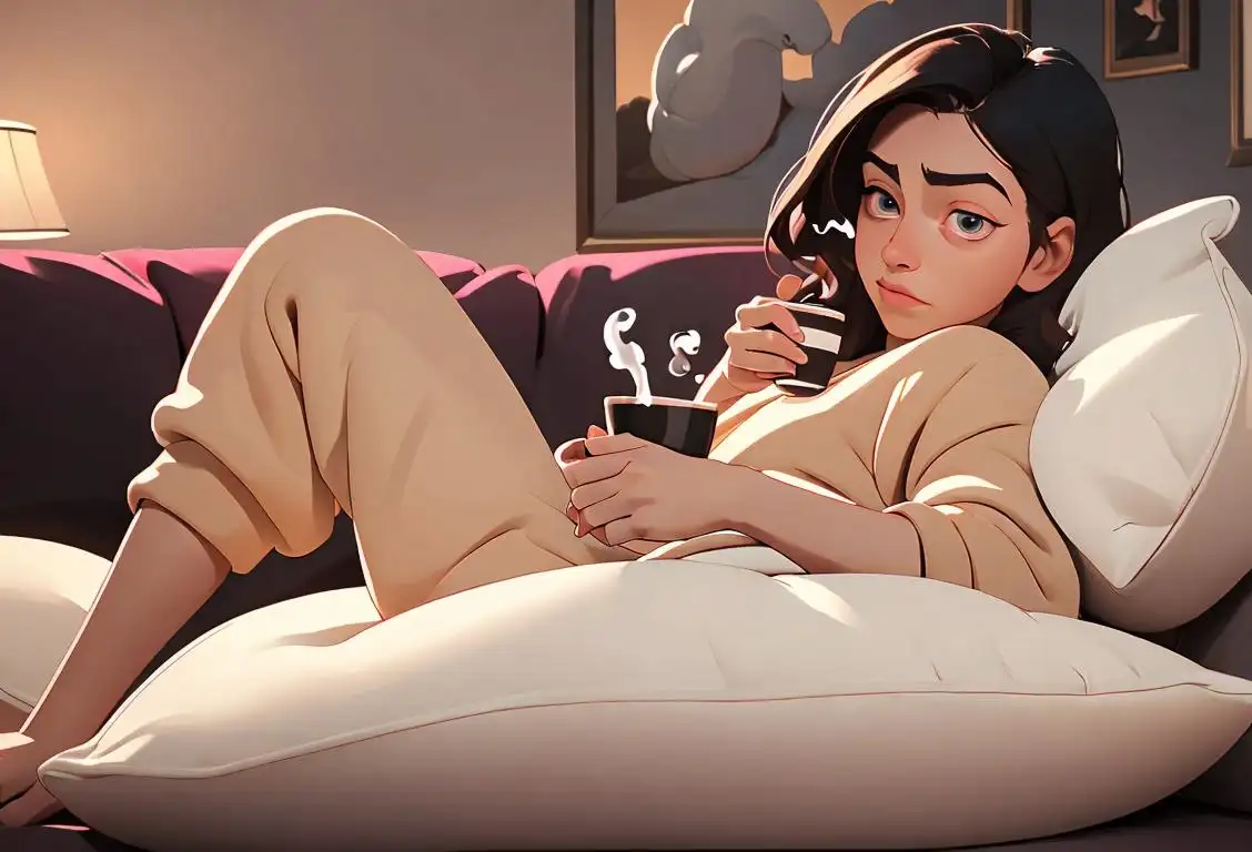 A person lounging comfortably in sweatpants, surrounded by plush pillows, with a cozy blanket and a steaming cup of hot cocoa nearby..