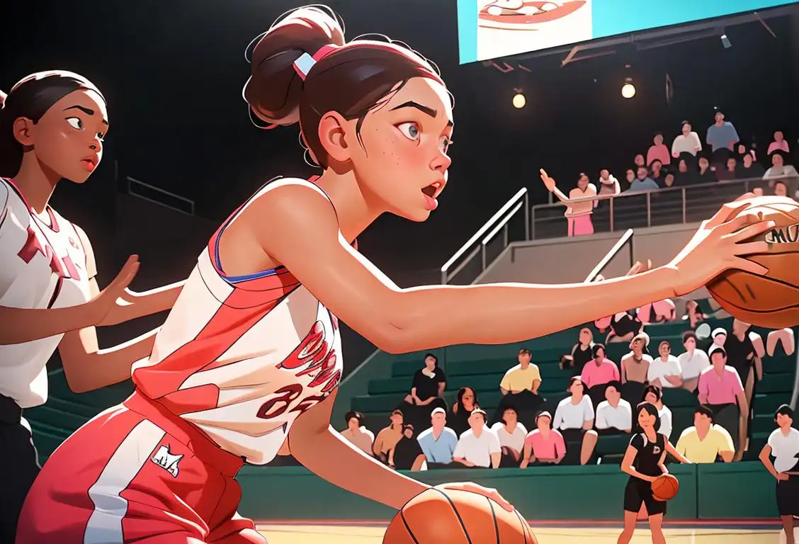 A young girl with a basketball, wearing sports gear, surrounded by cheering spectators and a vibrant sports arena..