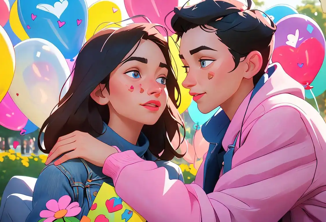 Two friends exchanging heartfelt notes, surrounded by colorful balloons and confetti. One friend is wearing a cozy sweater, while the other is wearing a trendy denim jacket. The scene is set in a park, filled with blooming flowers and a picnic blanket..