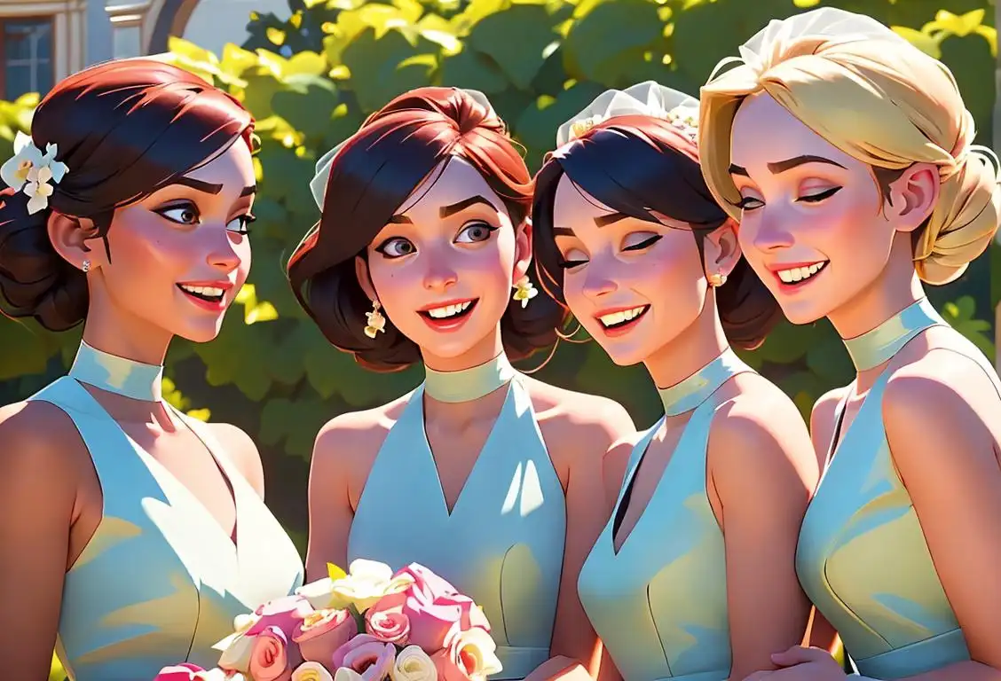 A group of diverse bridesmaids in elegant dresses, holding bouquets, laughing together in a beautiful garden setting..