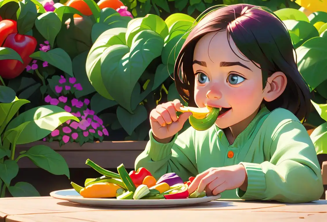 A cheerful child sitting at a table, eagerly eating a colorful plate of assorted veggies, surrounded by a lush garden..