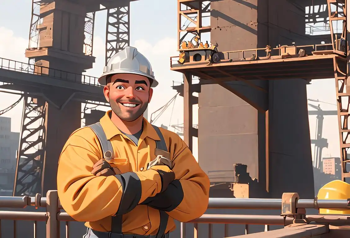 A smiling construction worker in a hard hat, surrounded by towering steel structures, showcasing the versatility and strength of steel..