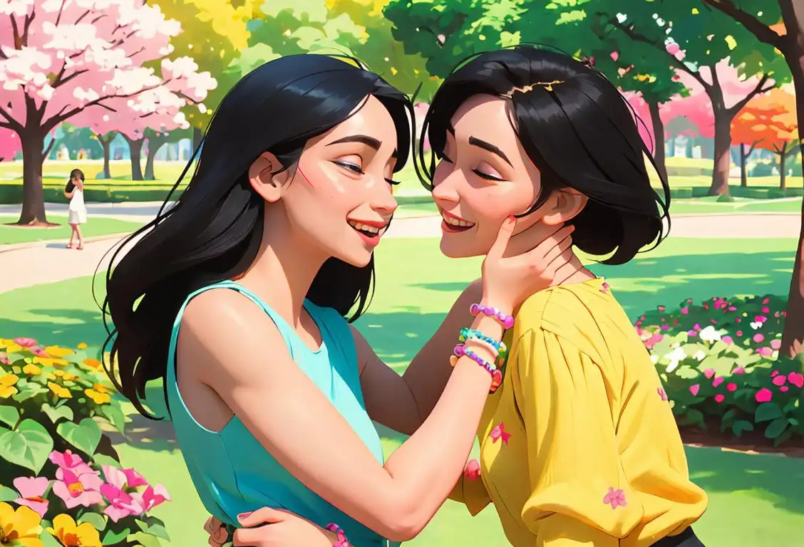 Two people embracing each other with joy, wearing matching best friend bracelets, surrounded by a beautiful park filled with colorful flowers..
