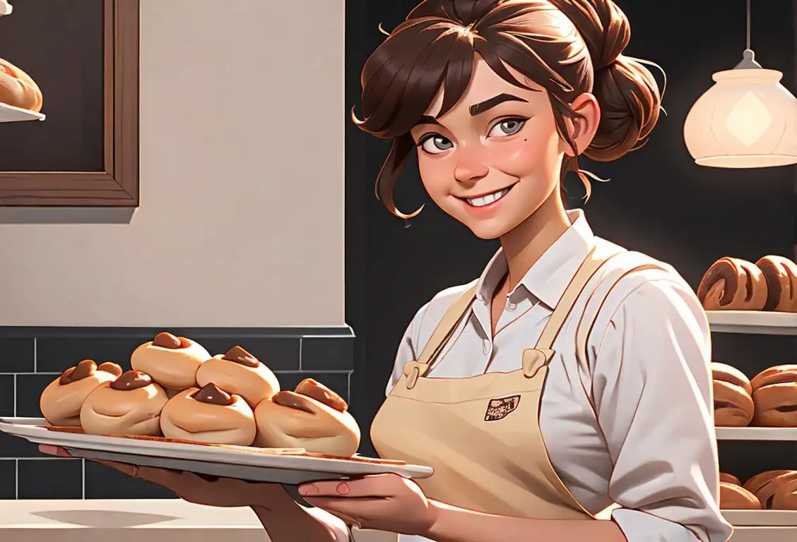 Young woman smiling and holding a tray of freshly baked sticky buns, wearing a cute apron in a cozy bakery setting..