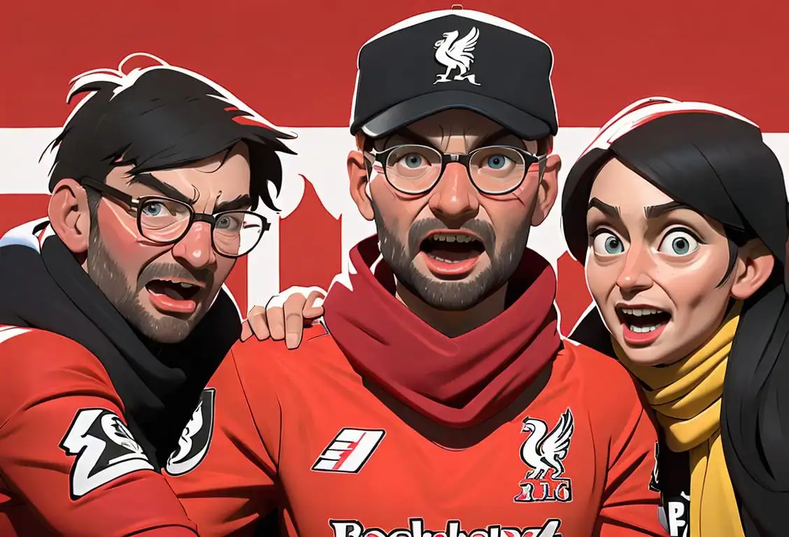 Group of joyful people, all wearing Liverpool FC scarves and shirts, celebrating National Klopp Day in a vibrant stadium atmosphere..