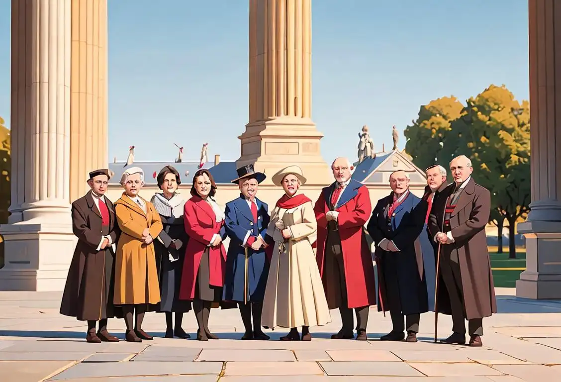 A group of people, dressed in historical attire, standing in front of a famous monument, celebrating National Founders Day with joy and enthusiasm..