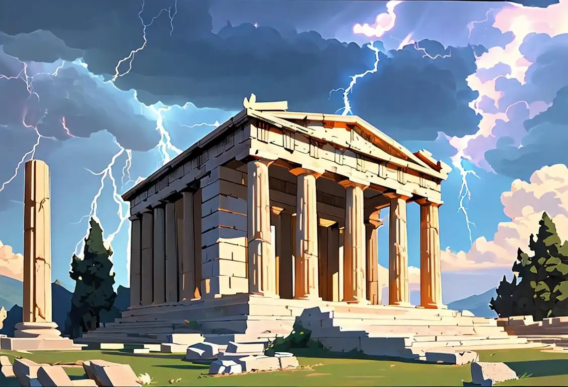 A majestic lightning bolt crashing down with the power of Zeus, illuminating a picturesque ancient Greek temple with a serene blue sky backdrop..