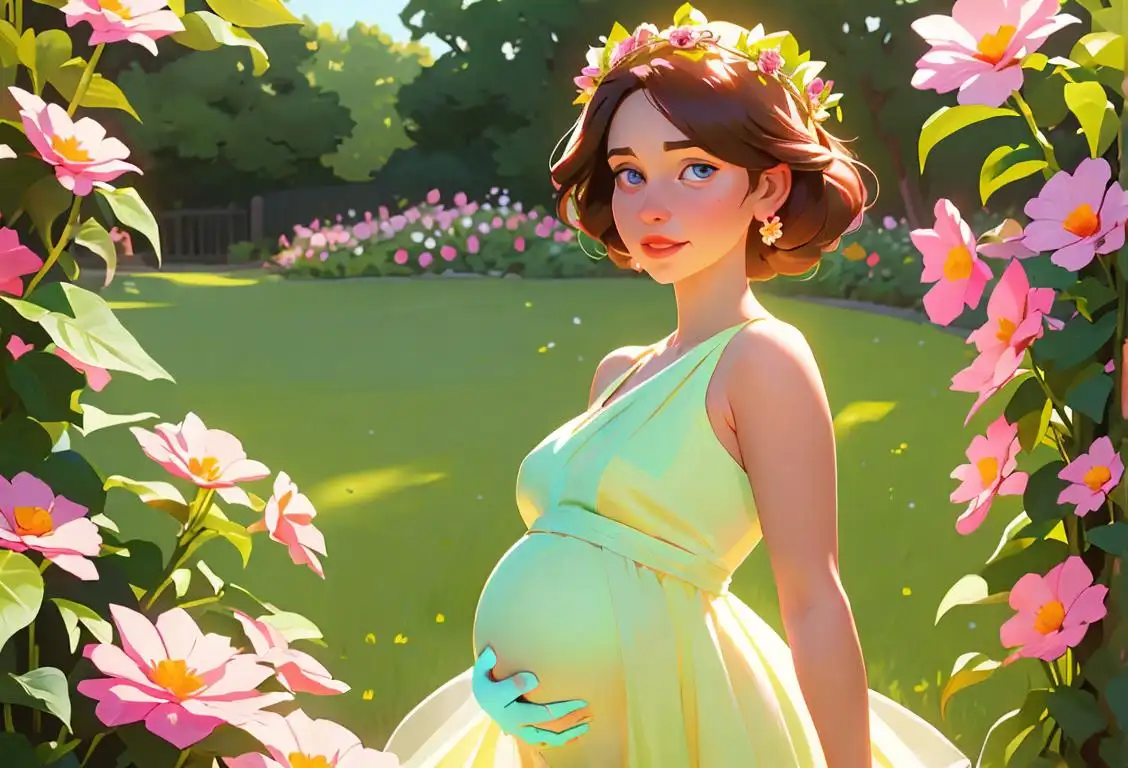 A glowing pregnant woman with a flower crown, wearing a flowy summer dress, surrounded by a beautiful garden..