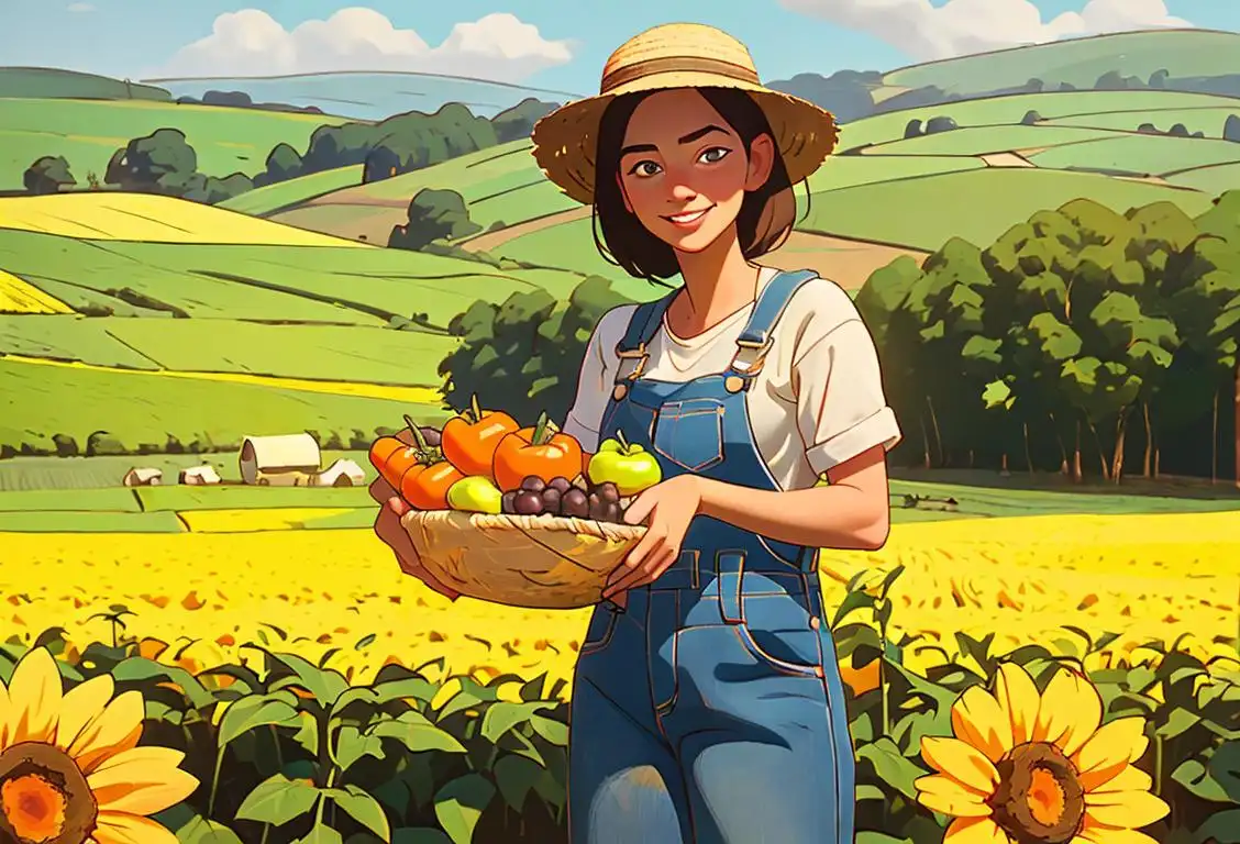 Happy farmer in overalls, surrounded by a bountiful harvest, wearing a straw hat, vibrant rural landscape..