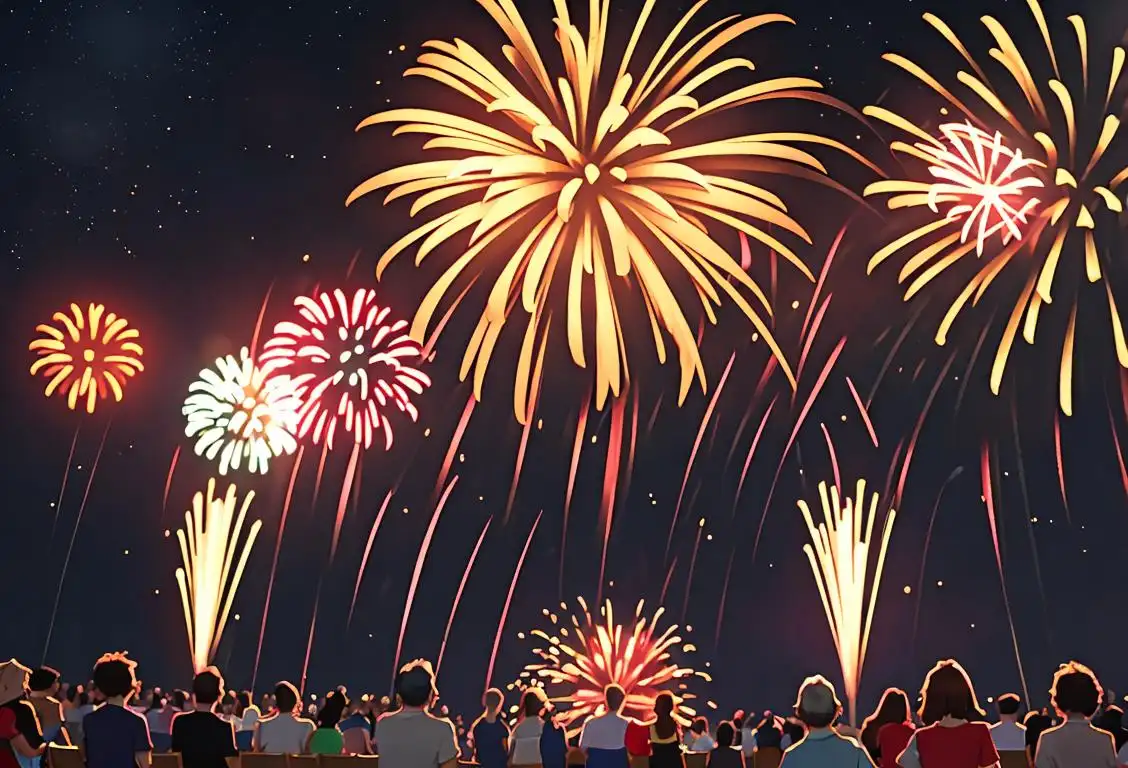 A group of diverse friends, clad in patriotic attire, enjoying a dazzling fireworks show under a starlit sky..
