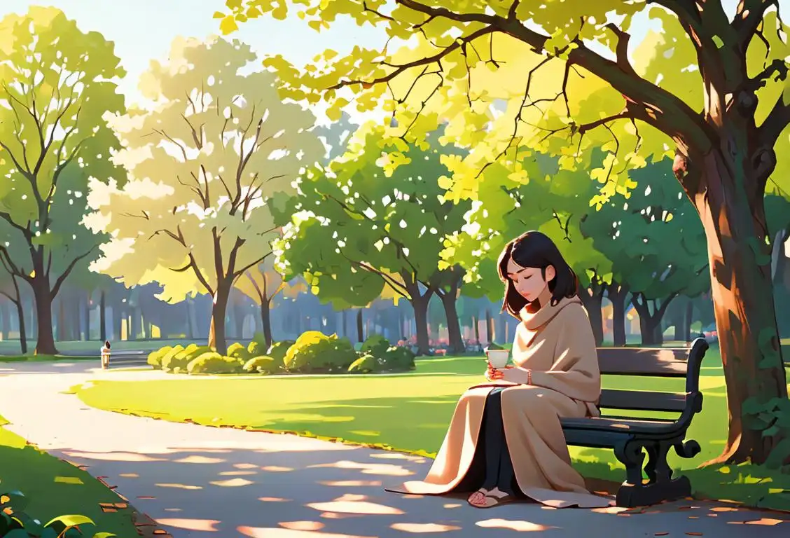 Serene image of a person sitting alone on a bench in a peaceful park, surrounded by nature, with a soft blanket and a cup of tea..