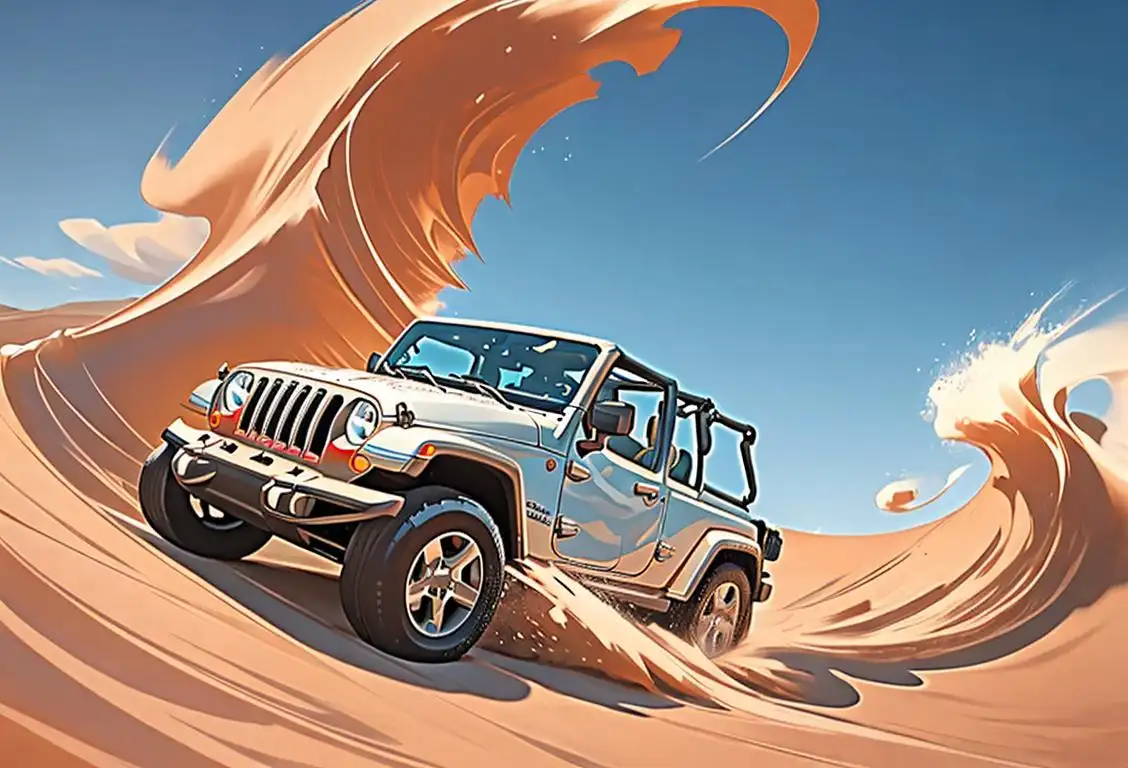 Jeep enthusiast driving a Jeep Wrangler, with wind blowing through their hair, surrounded by a beautiful outdoor setting, showing the iconic jeep wave..