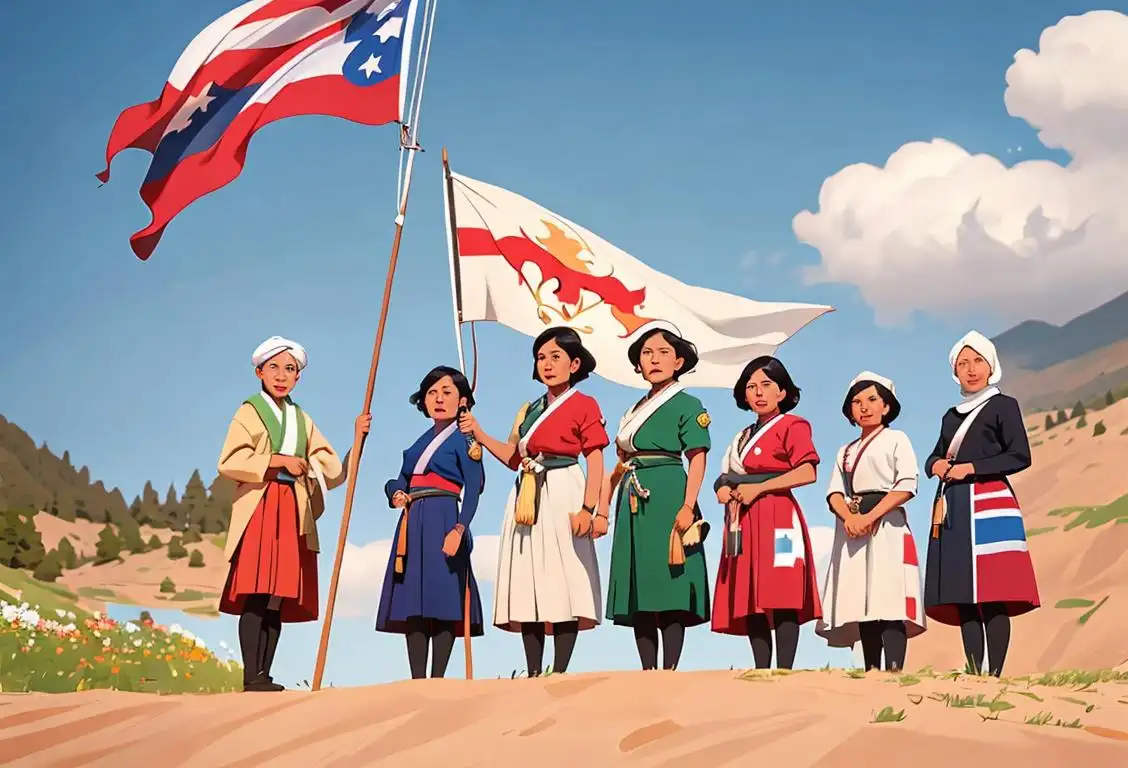 A diverse group of people proudly holding their nation's flag, dressed in traditional attire, against a beautiful scenic backdrop..