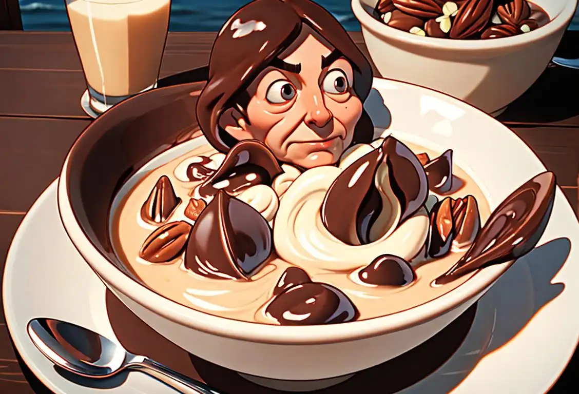 A person enjoying a bowl of clam chowder filled with chocolate-covered nuts, in a cozy coastal cafe setting..