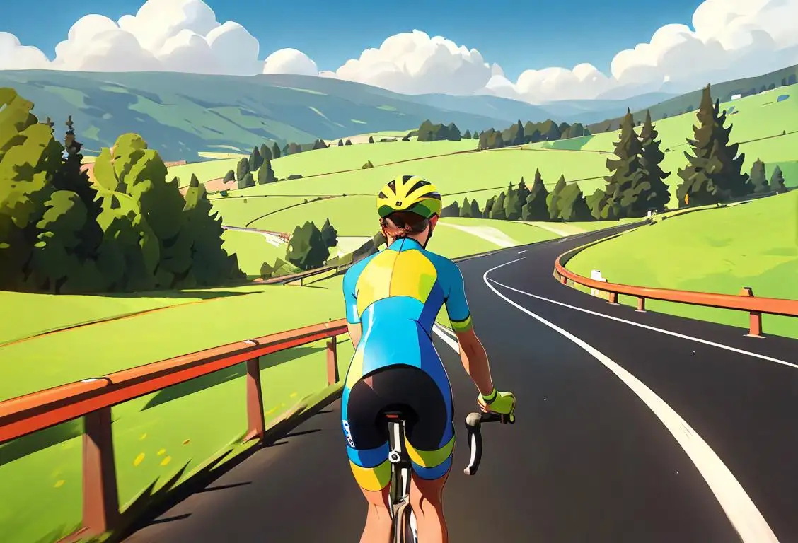 Happy cyclist wearing a helmet, colorful cycling gear, racing along a scenic countryside road..