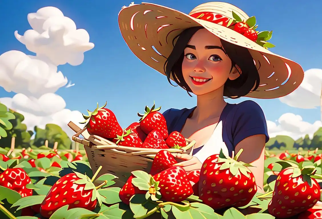 A smiling person wearing a straw hat, picking plump red strawberries in a picturesque strawberry field..