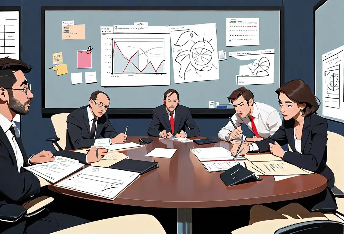 Professional-looking individuals gathered around a conference table, discussing and brainstorming ideas. Modern office setting, with laptops, notepads, and a whiteboard with charts and diagrams..