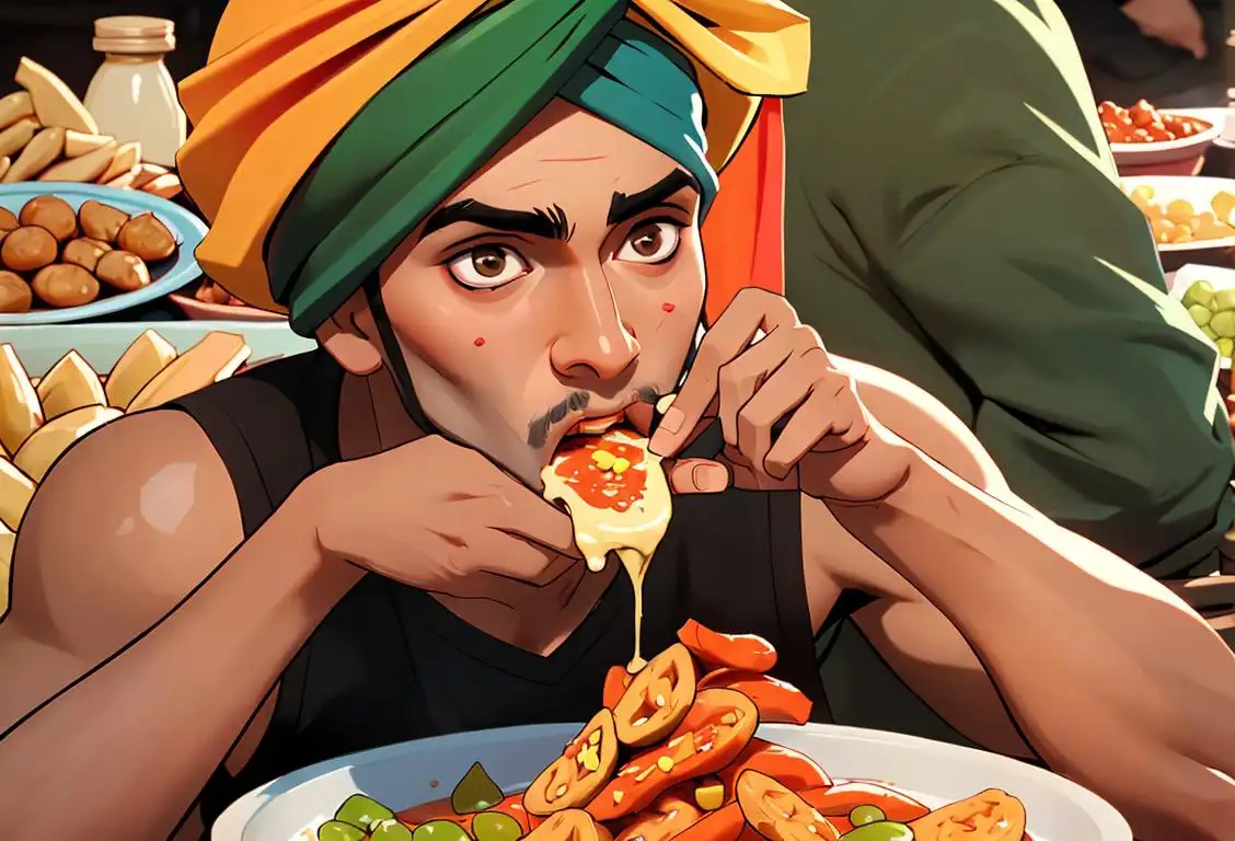 Young man eating spicy khara snack, wearing a turban, vibrant Indian market scene, cultural fusion celebration.