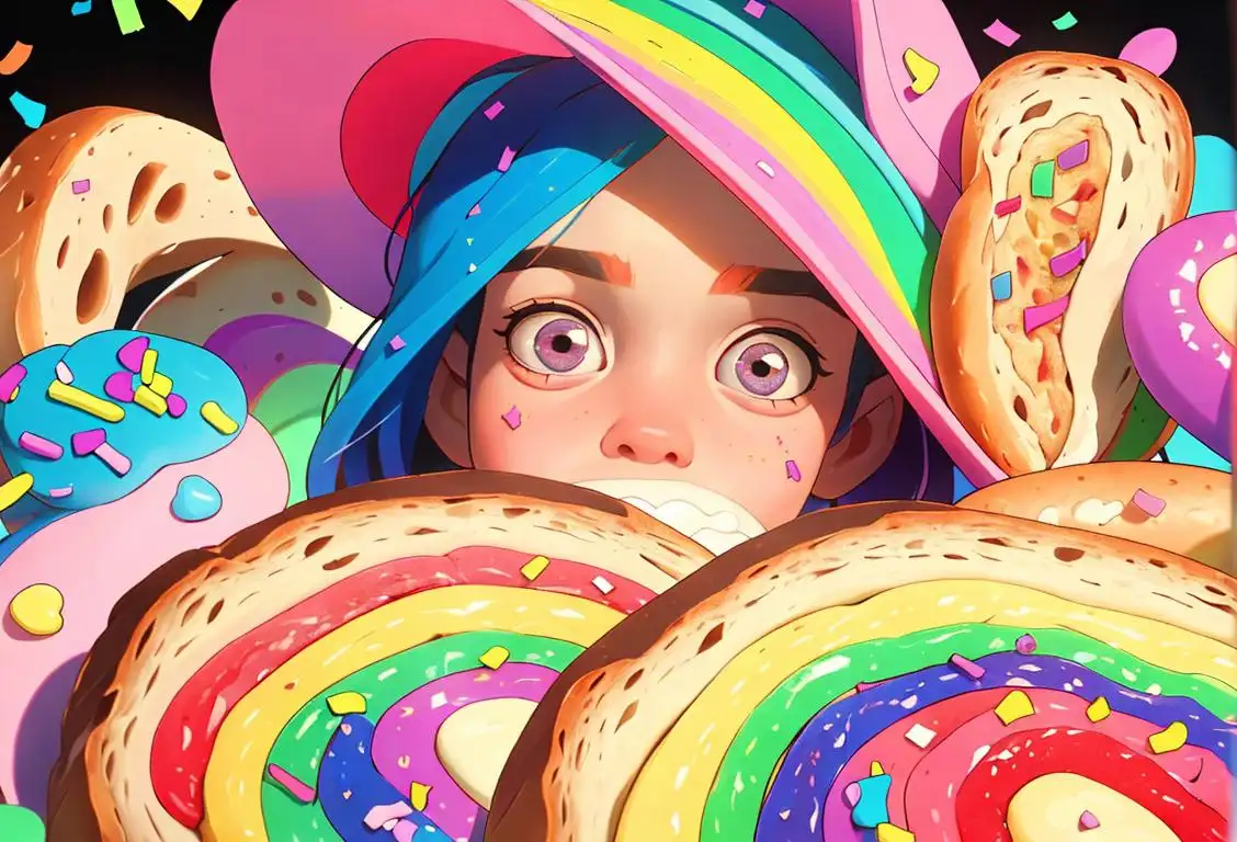 Cute child spreading rainbow sprinkles on slices of bread, wearing a party hat, surrounded by colorful confetti..