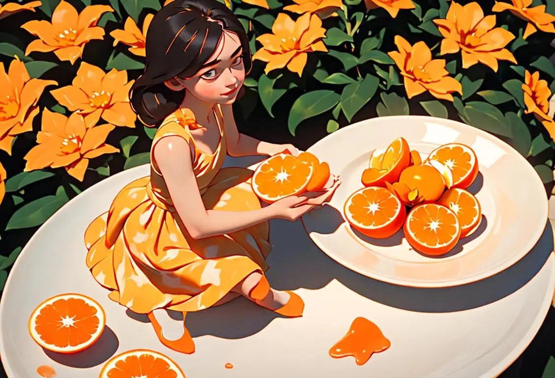 Young woman delicately holding a plate of candied orange peel, wearing a flowery sundress, in a sunny citrus garden..