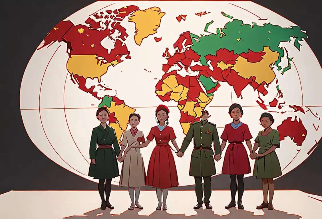 A diverse group of people holding hands, wearing different traditional outfits, standing in front of a map showing countries affected by communism..