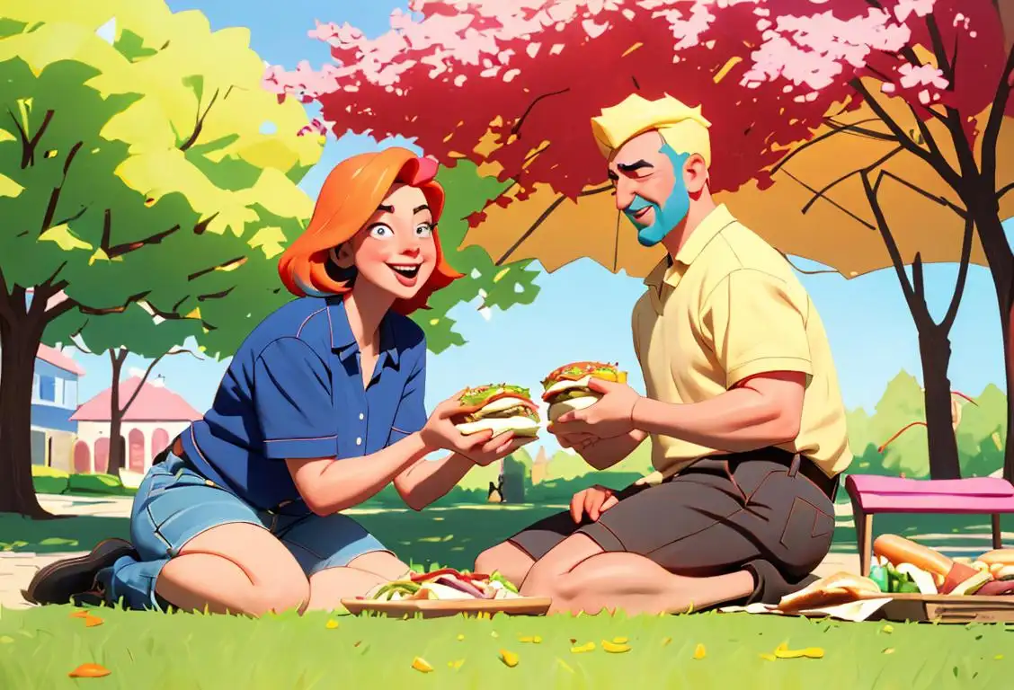 Joyful man and woman in casual attire, holding oversized hoagies with lots of colorful toppings, enjoying a picnic in a sunny park..