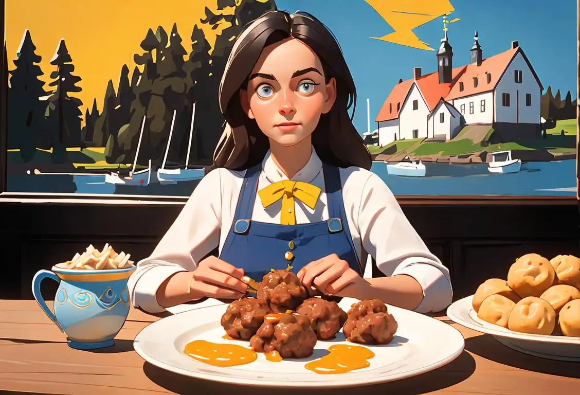 Young woman in traditional Swedish attire, surrounded by iconic symbols of Sweden like the Swedish flag, Scandinavian landscape, and a plate of delicious meatballs..
