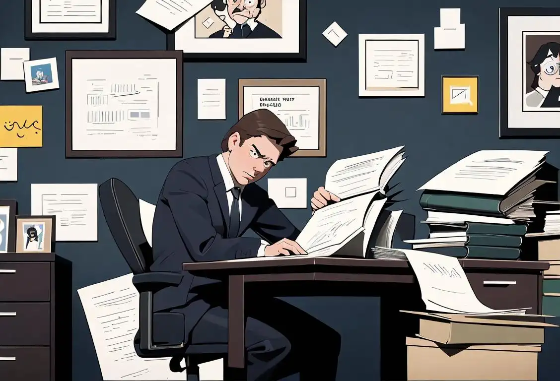 A hard-working individual in business attire, surrounded by stacks of paperwork, typing on a computer, with a motivational poster on the wall in the background..