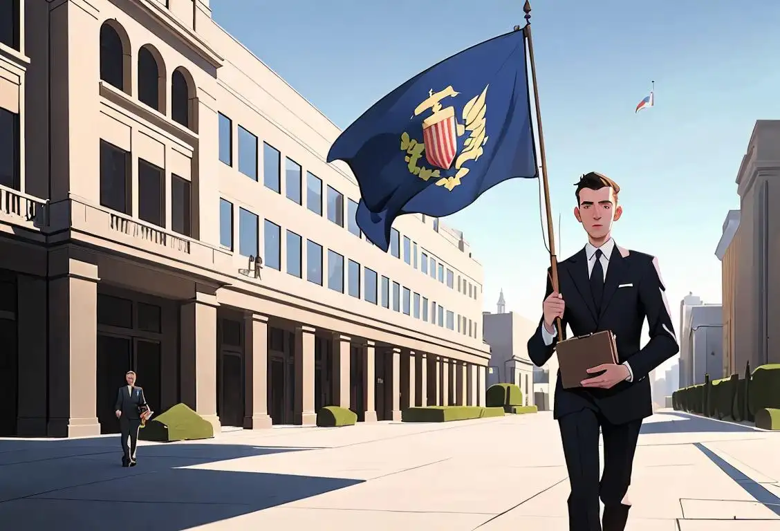 Young man dressed in a suit holding a briefcase, walking confidently towards a modern government building, with flags waving in the background..