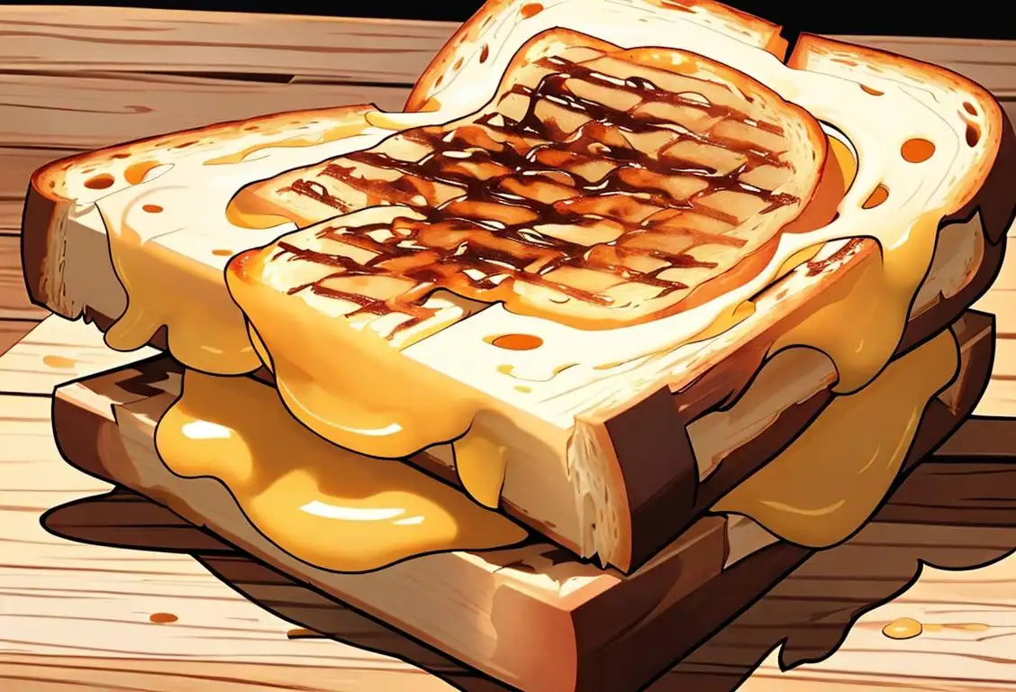 A close-up of a golden, crispy grilled cheese sandwich, perfectly melted cheese oozing out, sitting on a rustic wooden cutting board..