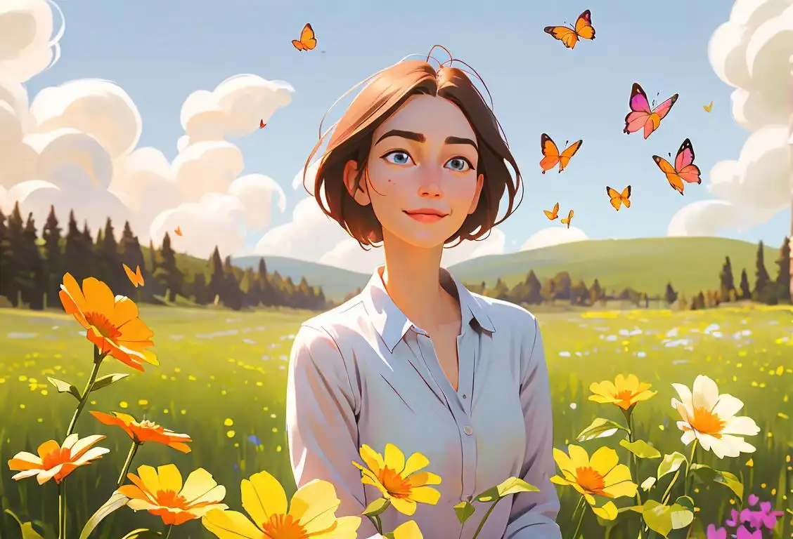Happy woman in comfortable clothes, enjoying a peaceful nature walk surrounded by wildflowers and butterflies, feeling refreshed on National Healing Day..