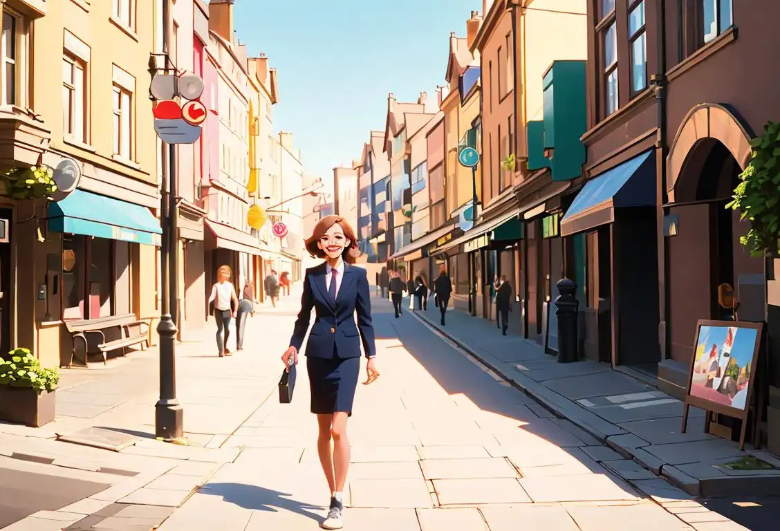 Happy person in professional attire walking on a sunny street, with lively urban background and comfortable shoes..