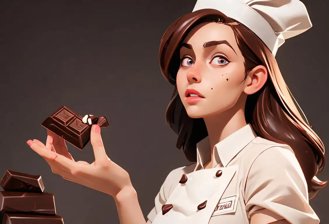 Young woman holding a bittersweet chocolate bar, wearing a chef hat, in a luxurious chocolate factory..