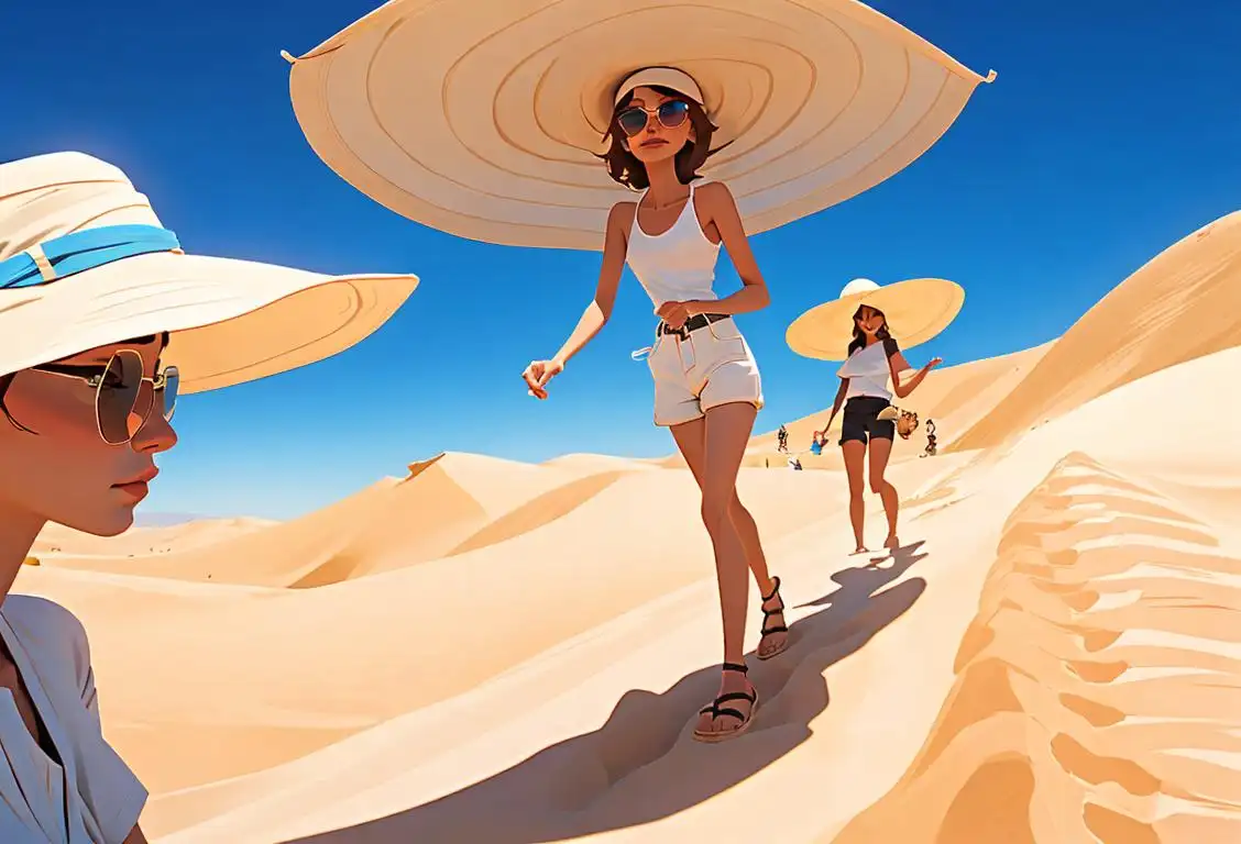 A group of people wearing sunhats and sunglasses, exploring sand dunes under a clear blue sky..
