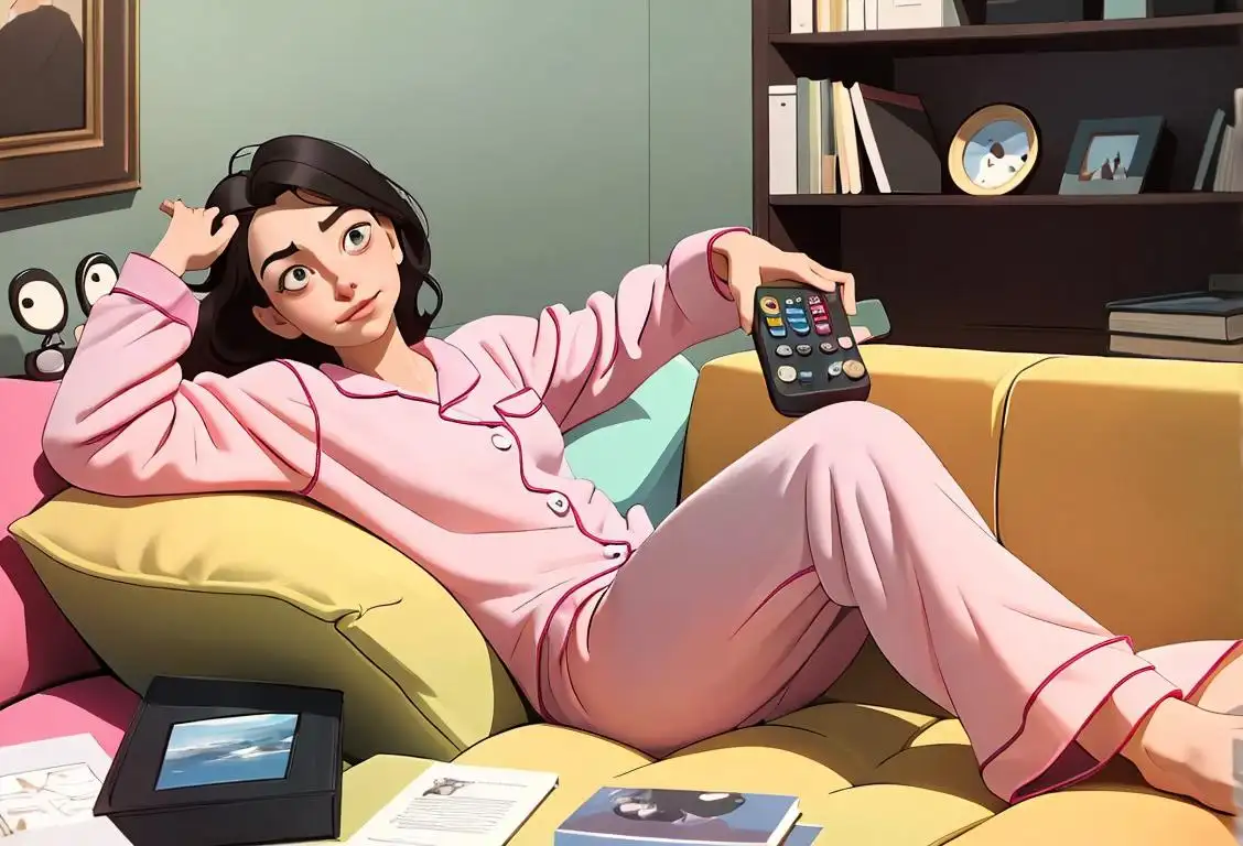 A person wearing comfy pajamas, lying lazily on a couch, surrounded by scattered books and remote controls. The person has a carefree expression, perfectly embodying the spirit of National 'I don't care' Day..