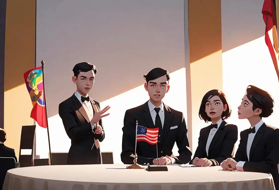 Young people in formal attire, discussing and gesturing passionately in a modern convention center, with flags representing diversity in the background..