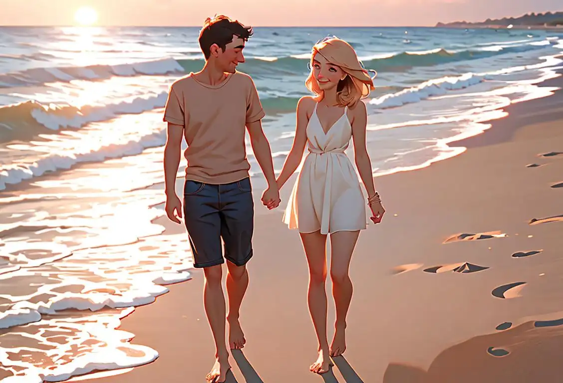 Happy couple holding hands, walking on a sandy beach at sunset, wearing casual summer outfits, surrounded by seashells and memories..