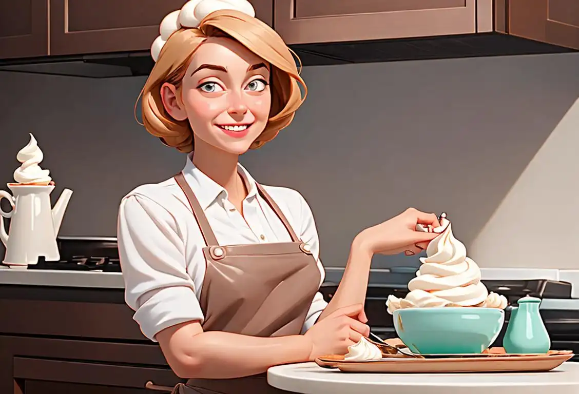 Woman in an apron holding a canister of whipped cream, smiling, surrounded by delicious desserts in a cozy kitchen..