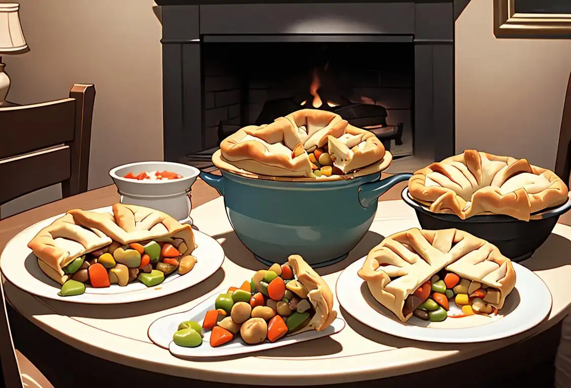 A family gathered around a table, smiling and enjoying delicious pot pies with different fillings. Classic Americana scene with cozy home decor..