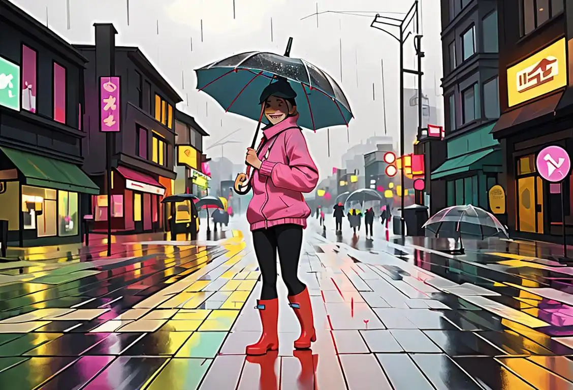 Cheerful person using colorful umbrella, wearing rain boots, urban cityscape with raindrops all around..