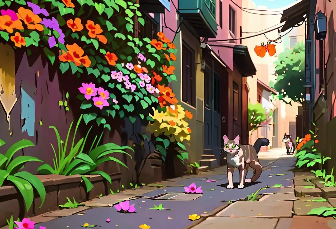 A curious feral cat cautiously explores an alleyway filled with vibrant flowers, as netizens pause to celebrate National Feral Cat Day on October 16, 2015..
