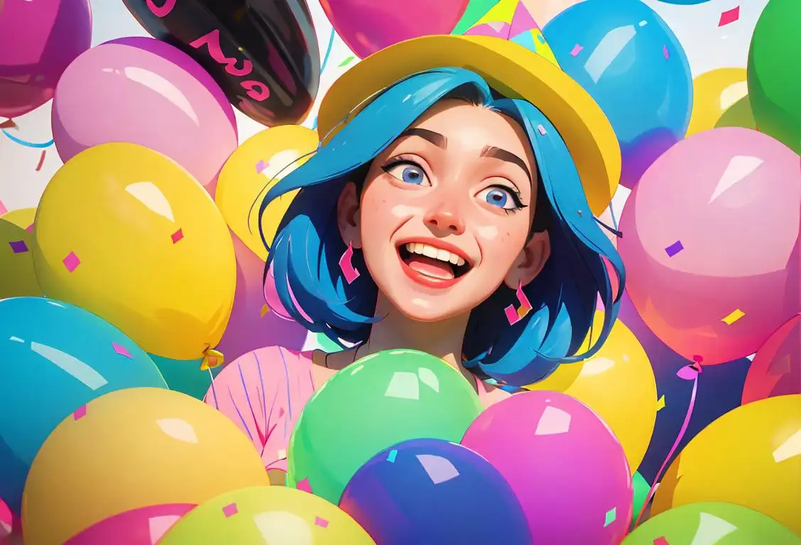 Young woman laughing with joy, wearing a colorful party hat, surrounded by confetti and balloons..