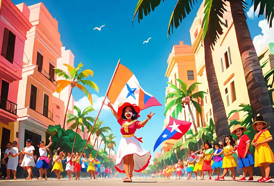 A joyful parade with people wearing colorful traditional Puerto Rican attire, waving flags and surrounded by palm trees..