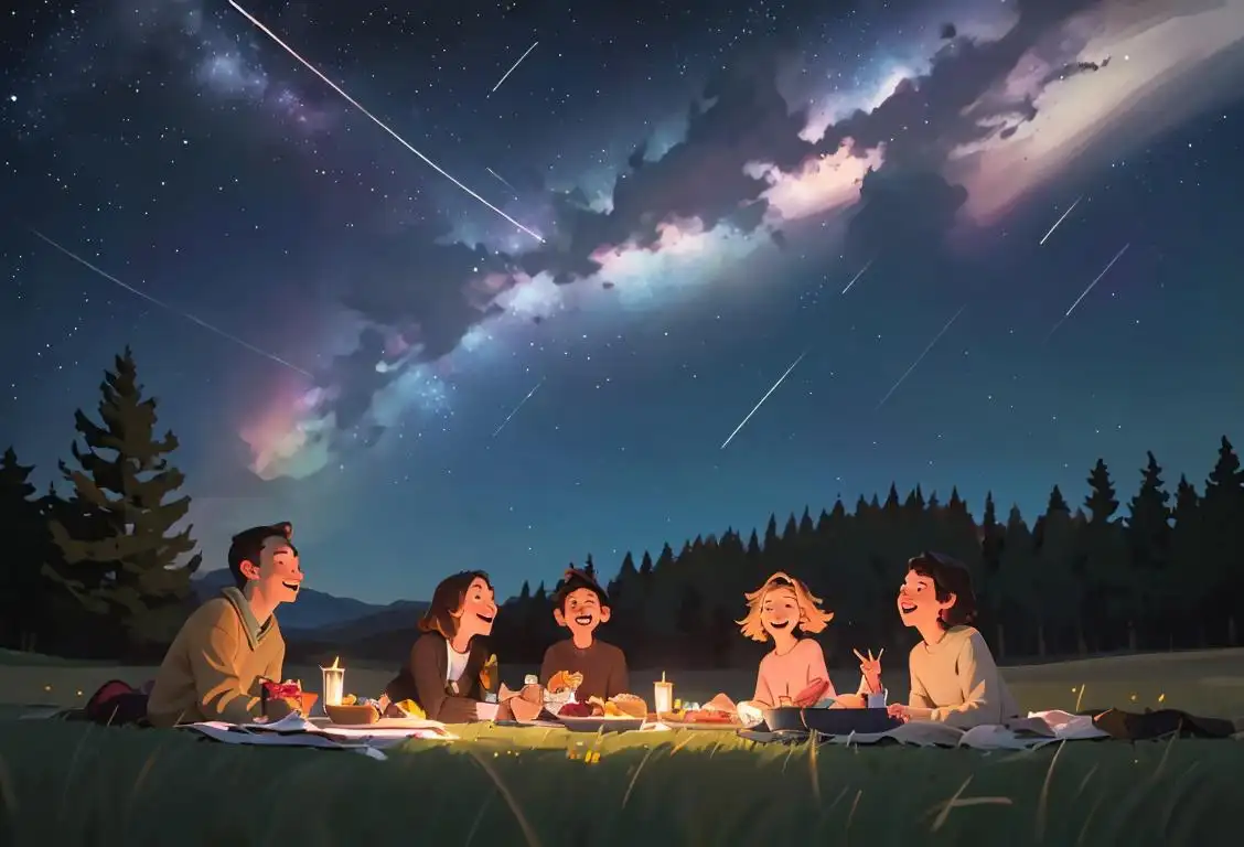 A group of friends lying on a grassy field, looking up at the night sky, pointing and smiling as they spot a shooting star, wearing cozy sweaters, casual attire, outdoor picnic setting..