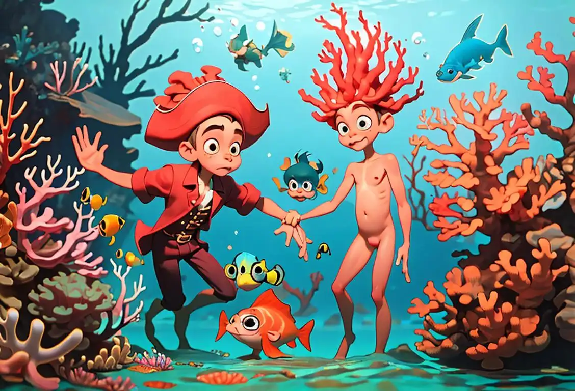 A group of children wearing pirate hats observing and interacting with sea monkeys, exploring an underwater world with colorful coral and fish..